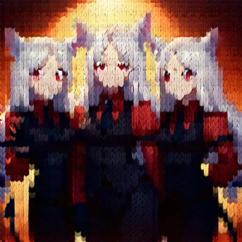 score_9, score_8_up, score_7_up, score_6_up BREAK 3girls,kn1t, htcerberus, low-tied long hair, animal ears, demon tail,red shirt, black necktie, long sleeves, arm garter, black gloves, black vest, waistcoat, black pants,white hair,red eyes <lora:knitStylePDXLDora_v10:1>  <lora:helltaker_cerberus_ponyXL:0.8>