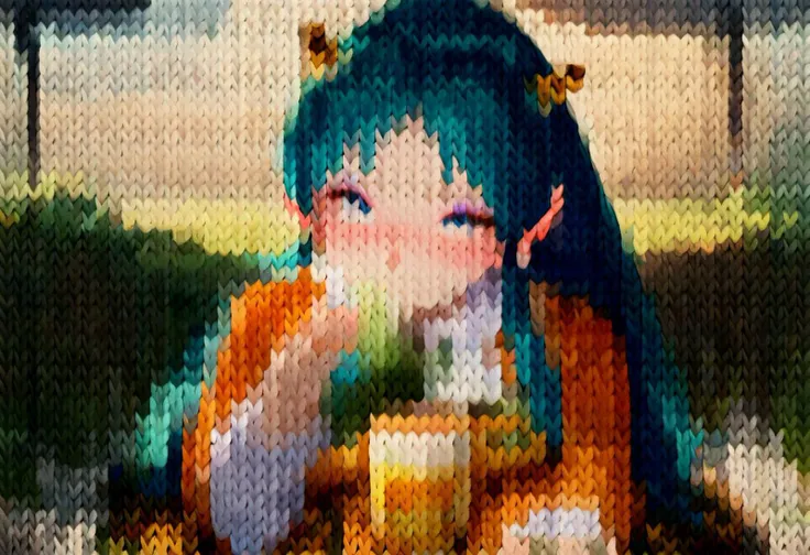 (score_9, score_8_up, score_7_up), lum, long hair, bangs, blue hair, blue eyes, horns, pointy ears, aqua hair, oni horns, eyeshadow, 4k, intricately detailed, source_anime, high resolution, high details, Expressiveh, solo, open café, outdoor, close up, looking at viewer, tiger print skirt, lace transparent tight blouse, drunk, blushing, sitting, drinking, beer can in hand, kn1t, (Knitting in great detail)