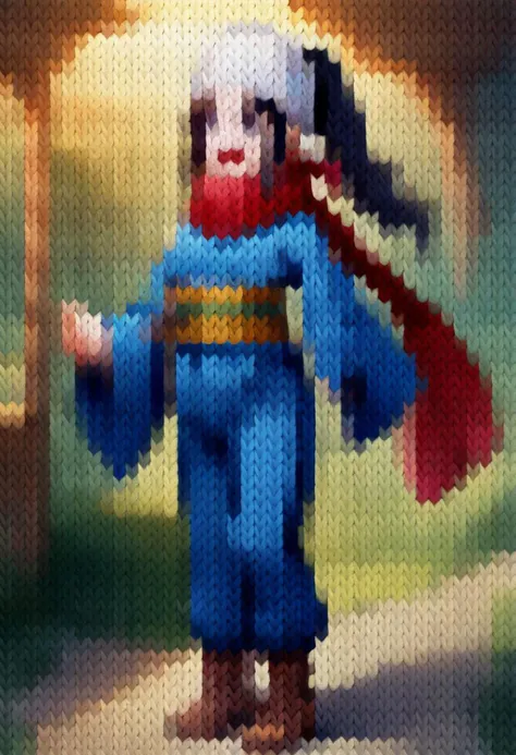 kn1t,
1girl, solo, ponytail, sidelocks, bandana, smile, full body, black hair, long hair, grey eyes, open mouth, upper teeth, scarf, red scarf, standing on one leg, boots, brown footwear, long sleeves, ninja, standing, pants, white headwear, sash, leg up, arm up, blue pants, wide sleeves, leg warmers, holding, jacket, blue jacket, indoors