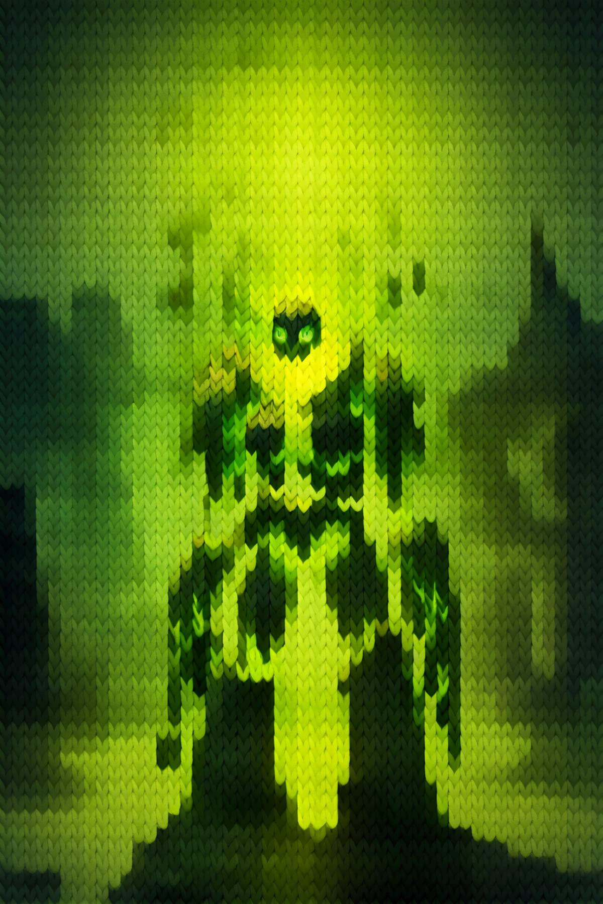 score_9, score_8_up, 1girl, solo <lora:knitStylePDXLDora_v10:0.7> kn1t, <lora:NSFelConstructWC3:1> NSFelConstructWC3, green eyes, standing, no humans, glowing, glowing eyes, monster made of stone, green flames, green glow, bones