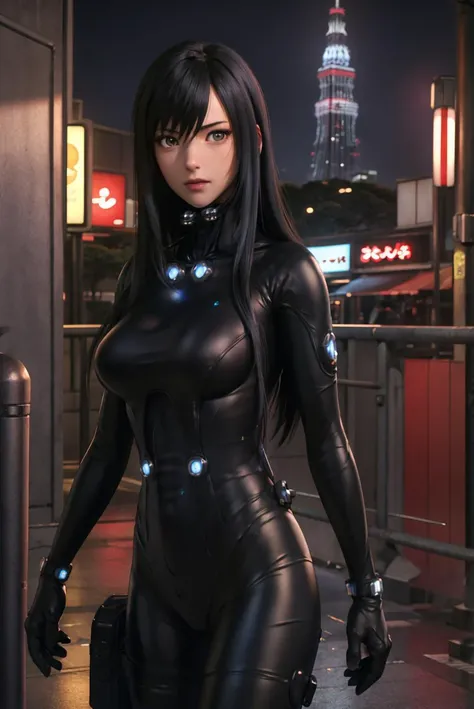 NSFW, reika\(gantz\), reika\(shortsuit\), gundam\(rx78\), ultra high res, best quality, photo, 4k, (photorealistic:1.4), 1girl, solo, (full body:1.4), black hair, beautiful face, beautiful eyes, in the night city, tokyo (city), running, mecha armor, depth of field, motion lines, short skirt, tight shirt, looking at viewer, upper body, weapon, shield,