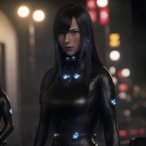 <Tokyo night city background>,(8k, RAW photo, best quality, masterpiece:1.2), (realistic, photo-realistic:1.37), 1girl, solo, mid shot,ultra detail, reika,large breasts, black leather bodysuit, jewelry, full body, black eyes, cyberpunk, night, fighting, spotlight, weapon,