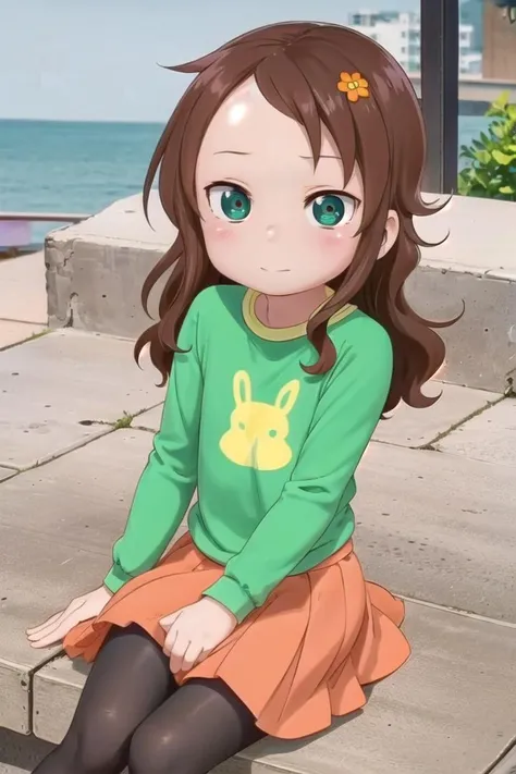 1 girl,cute,(looking at viewer:1.0), details sky,handsome,((masterpiece:1.4,best quality)),multiple details,eyeshadow,sfw, (medium shot:1.5), gradiant eyes, hazel eyes, (long black lycra pantyhose:1), sitting
<lora:riko:1> riko, long hair, brown hair, green shirt, hair flower, green eyes, skirt,
