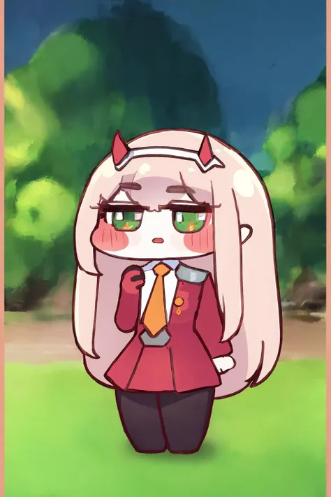 masterpiece, best quality,  <lora:zerotwo:1>,
<lora:Trickcal Revive2_0.99:1>,chibi,
zero two \(darling in the franxx\), 1girl,horns,whtie hairband,long hair,pink hair,green eyes,,orange necktie, military uniform,red dress,black pantyhose,