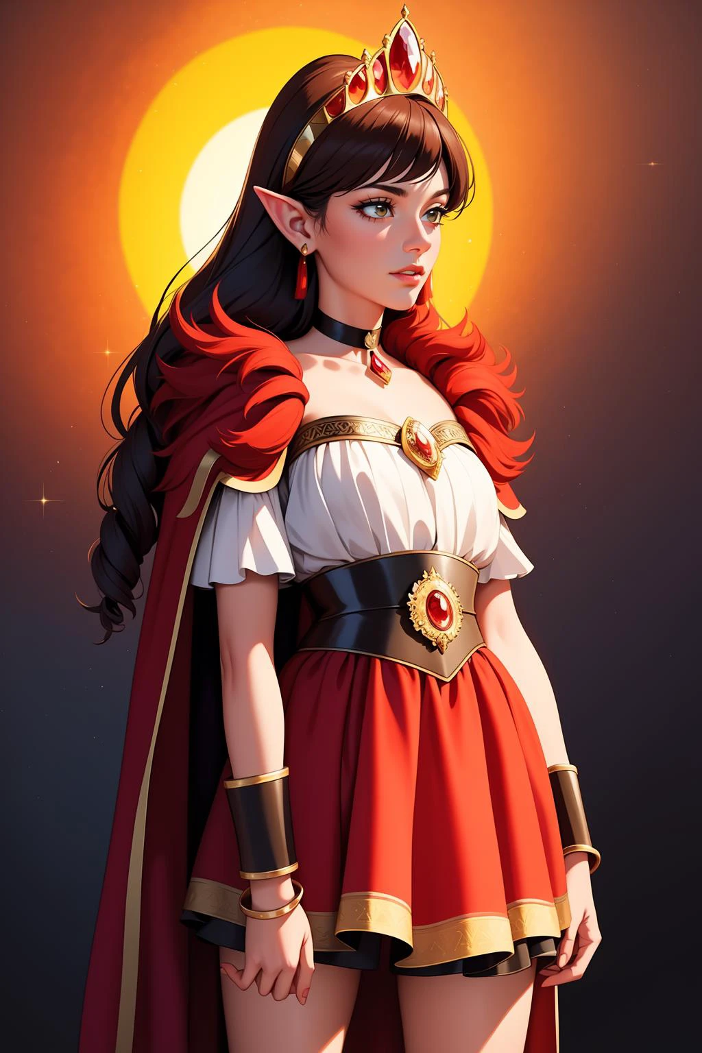 1girl, solo, beautiful adult mature woman age 30, standing, high quality, best quality, high detail, highres, 4k <lora:Char_precure-CureScarlet:0.85> cure scarlet, tiara, black choker, earrings, bracelet, gem, legwear, pointy ears, drill hair Joan of Arc, armored, standing on a medieval rampart, sunset sky, dramatic lighting, historical accuracy, detailed textures, oil painting style, art by Rembrandt and Caravaggio, ultra high resolution, photorealistic, 8k,