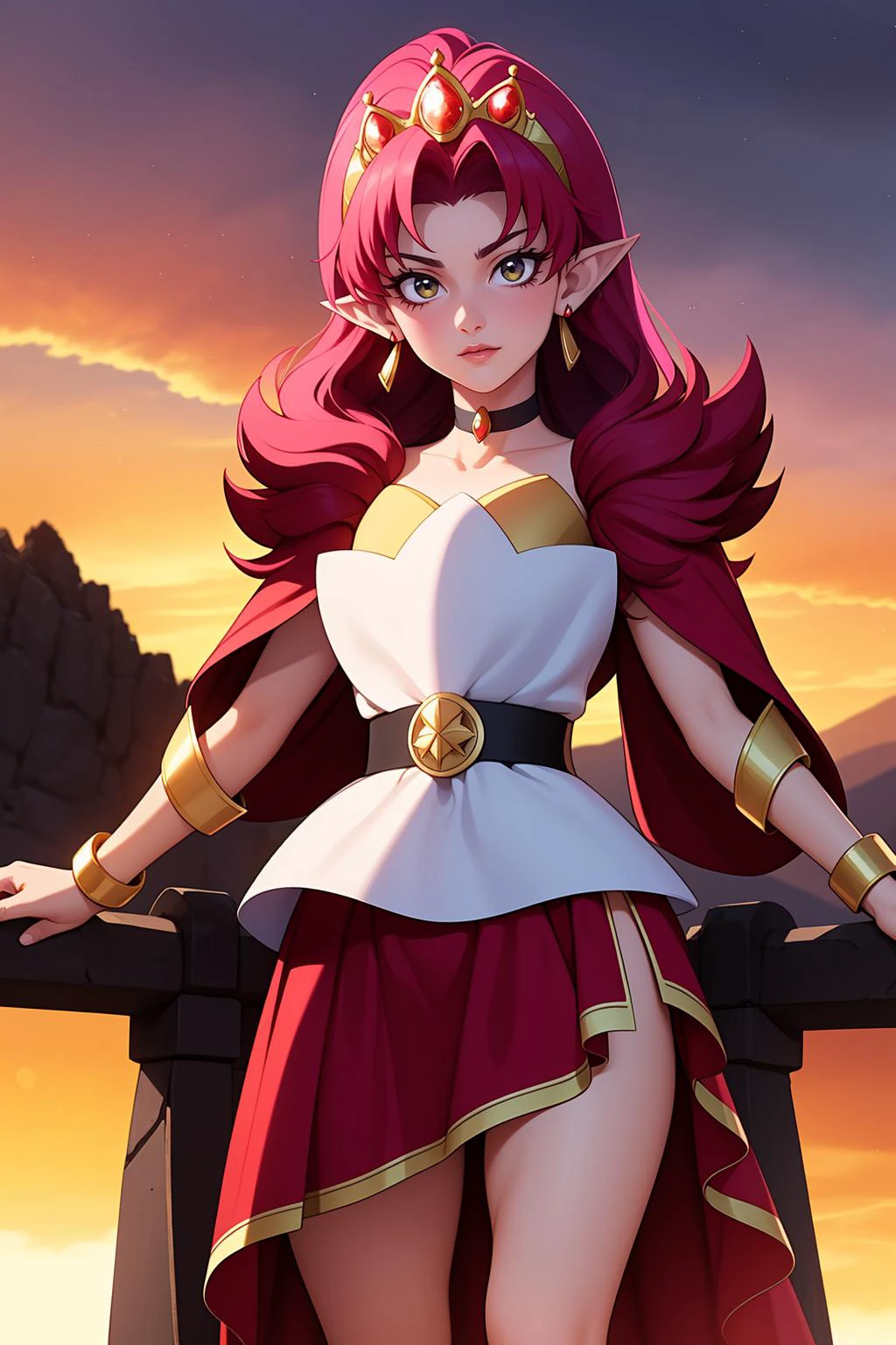 1girl, solo, beautiful adult mature woman age 30, standing, high quality, best quality, high detail, highres, 4k <lora:Char_precure-CureScarlet:0.85> cure scarlet, tiara, black choker, earrings, bracelet, gem, legwear, pointy ears, drill hair Joan of Arc, armored, standing on a medieval rampart, sunset sky, dramatic lighting,