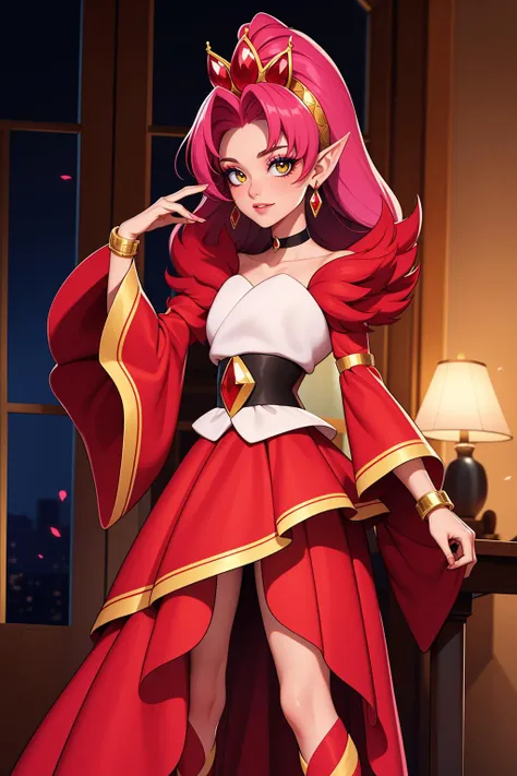 1girl, solo, beautiful adult mature woman age 30, standing, high quality, best quality, high detail, highres, 4k  <lora:Char_precure-CureScarlet:0.85> cure scarlet, tiara, wide sleeves, black choker, earrings, bracelet, gem, red legwear, pointy ears, long dress, wedding dress, drill hair