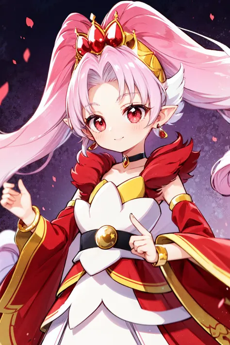 masterpiece,best quality,princess,1girl,solo,cure scarlet,pink hair,red eyes,very long hair,tiara,wide sleeves,detached sleeves,black choker,earrings,bracelet,gem,pointy ears,smile,floating hair,spread arms,multicolored background,light particles,<lora:locon_cure_scarlet_01:0.9>,<lora:Concept-control tool-add_detail-CyberAIchemist:0.8>,