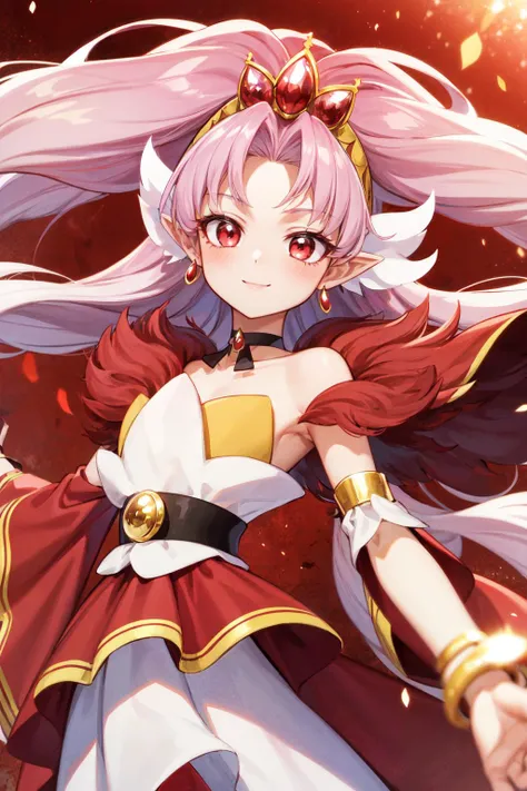 masterpiece,best quality,princess,1girl,solo,cure scarlet,pink hair,red eyes,very long hair,tiara,wide sleeves,detached sleeves,black choker,earrings,bracelet,gem,pointy ears,smile,floating hair,spread arms,multicolored background,light particles,<lora:locon_cure_scarlet_01:0.9>,<lora:Concept-control tool-add_detail-CyberAIchemist:0.8>,