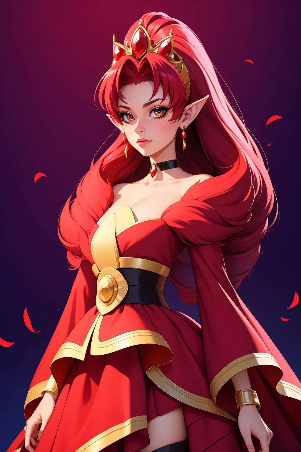 1girl, solo, beautiful adult mature woman age 30, standing, high quality, best quality, high detail, highres, 4k <lora:Char_precure-CureScarlet:0.85> cure scarlet, tiara, wide sleeves, black choker, earrings, bracelet, gem, red legwear, pointy ears, long dress, wedding dress, drill hair