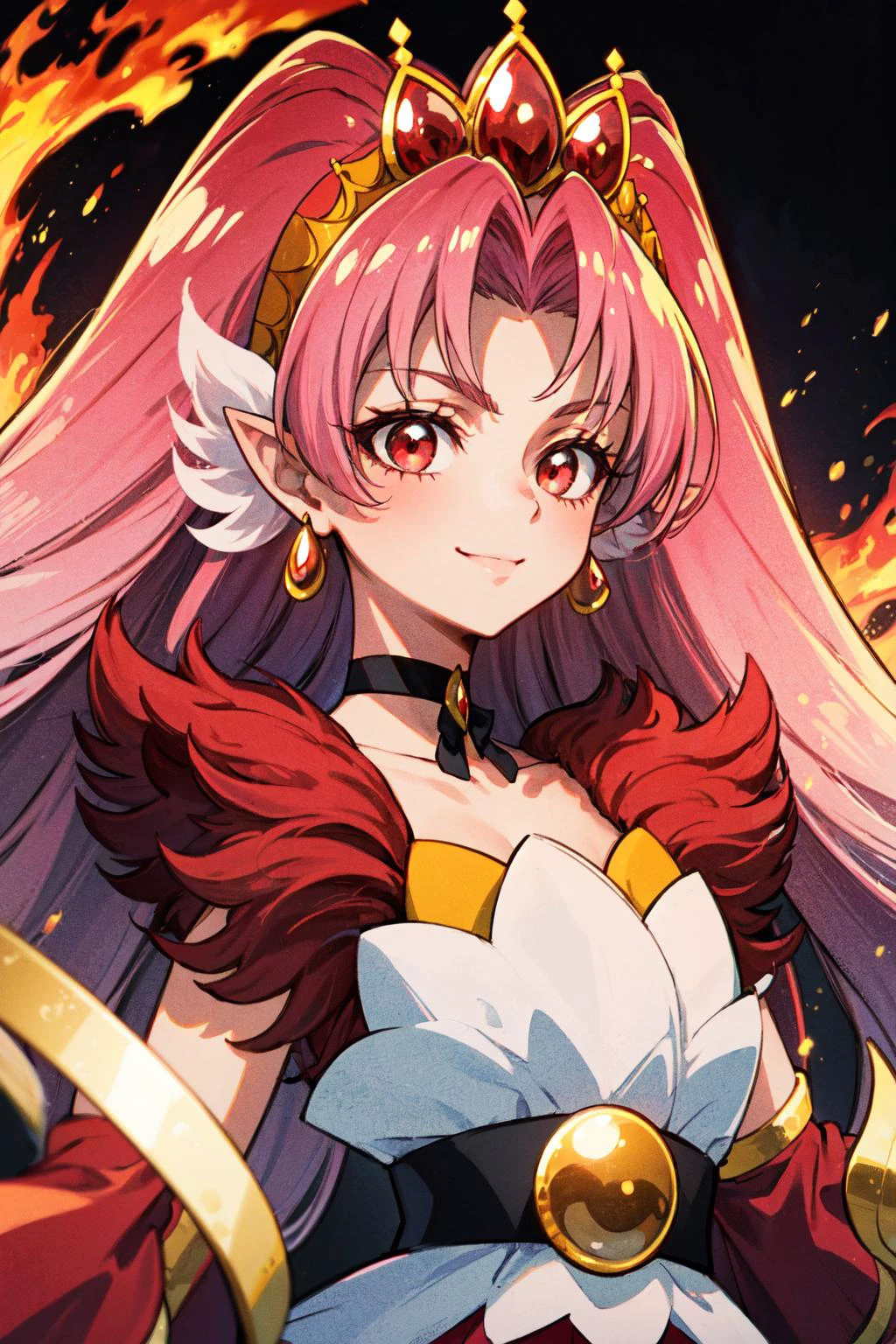 masterpiece,best quality,1girl,cure scarlet,pink hair,red eyes,very long hair,tiara,wide sleeves,black choker,earrings,bracelet,gem,pointy ears,smile,upper body,multicolored background,flames,dutch angle,<lora:locon_cure_scarlet_01:0.9>,
