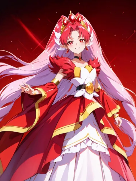 masterpiece, best quality, looking at viewer, depth of field, standing, full body,
1girl, <lora:locon_cure_scarlet_01:0.85>, cure scarlet, tiara, wide sleeves, black choker, earrings, bracelet, gem, red legwear, pointy ears, long dress, wedding dress, drill hair, 
smile, ((gradient background)), lens flare,