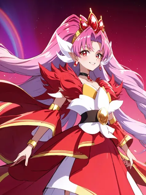 masterpiece, best quality, looking at viewer, depth of field, standing, 
1girl, <lora:locon_cure_scarlet_01:0.9>, cure scarlet, tiara, wide sleeves, black choker, earrings, bracelet, gem, red legwear, 
smile, ((gradient background)), lens flare,