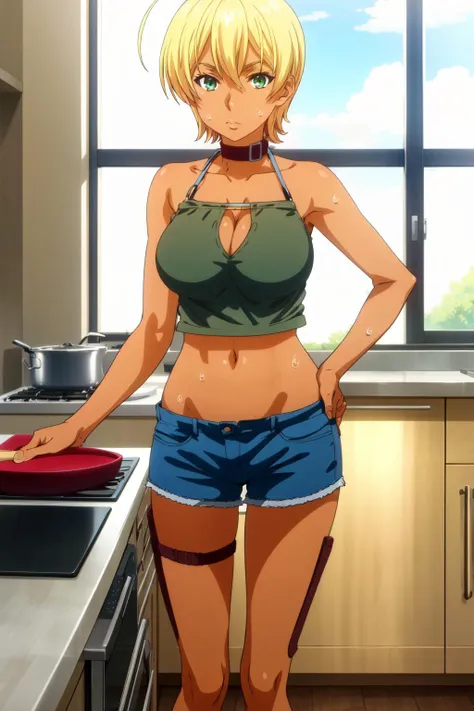 <lora:anime_screencap_v2:0.3> tall body, tall, long legs, mature female, mature, adult, <lora:GoodHands-beta2:1.4>
 <lora:Prodigy_Ikumi-000006:1> Shokugeki_Ikumi, 1girl, breasts, blonde hair, solo, green eyes, dark skin, dark-skinned female, short hair, shorts, sweat, navel, large breasts, ahoge, cleavage, hand on hip, short shorts, midriff, looking at viewer, denim shorts, denim, collar, tank top, kitchen, indoors, crop top, stove, open fly, cowboy shot, window, blue shorts, bare shoulders, collarbone, holding, hair between eyes, closed mouth, cooking, unbuttoned, standing, tan