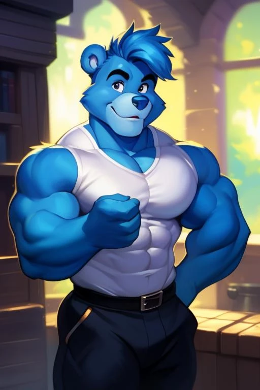 gusto_gummi, gummi_bears, muscular, strong, plump, heavy, bear, short stack, male, arnold schwarzenegger, bodybuilder pose uploaded on e621, (detailed background, depth of field), (intricate:1.1), (high detail:1.2), (soft focus), (masterpiece, best quality, 4k, 2k, shaded, absurd res), by CyanCapsule, by Chunie, by Hallogreen