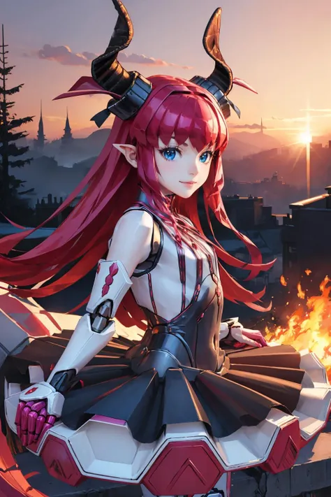 masterpiece, best quality, <lora:mechaelichan-nvwls-v1:1> elichan, robot, android, horns, skirt, tail, looking at viewer, dystopia, red sky, upper body, portrait, furrowed brow, smile