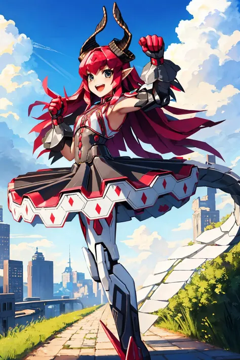 masterpiece, best quality,   <lora:mechaelichan-nvwls-v1:1> elichan, robot, android, horns, tail, skirt, portrait, :D, smile, raised arm, looking at viewer, sky, clouds, city