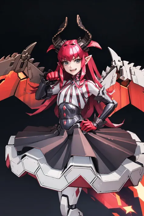 masterpiece, best quality,   <lora:mechaelichan-nvwls-v1:1> elichan, robot, android, horns, skirt, tail, wings, looking at viewer, city, night, black background, floating, looking at viewer, smile, sharp teeth, hands to hips