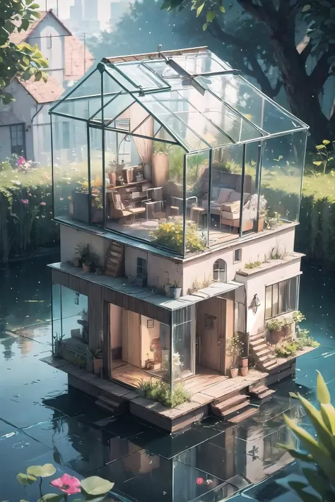 <lora:wrenchmicroarch-000004:1>, wrenchmicroarch, (glass house:1.2), glass, reflective surface, water,