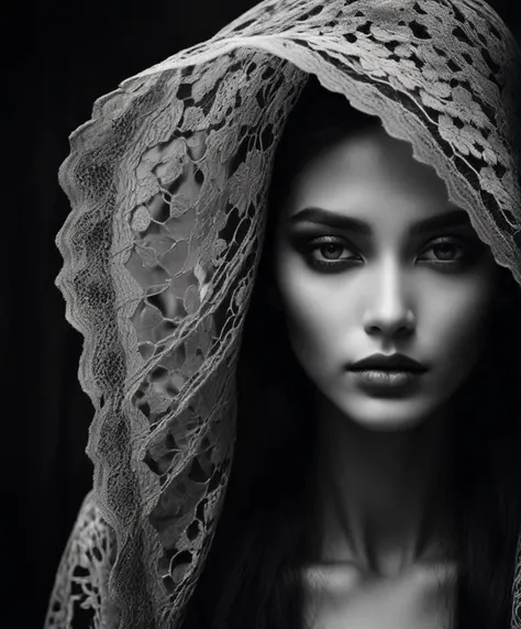 gorgeous mysterious woman, Monochrome, contrast, tone, texture, detailed, Monochromatic,