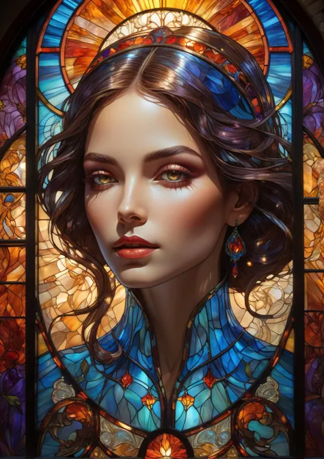 gorgeous mysterious woman, beautiful lighting, composition, framing, Stained glass style, Vibrant, beautiful, translucent, intricate, detailed,