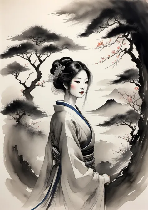 gorgeous mysterious woman, beautiful lighting, composition, framing, Japanese Style Ink Drawing, ink drawing, inkwash, Japanese Style Ink Drawing,