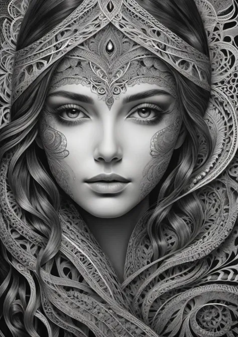 gorgeous mysterious woman, beautiful lighting, composition, framing, Zentangle, Intricate, abstract, monochrome, patterns, meditative, highly detailed,