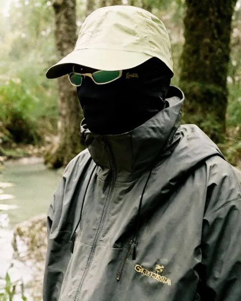 ,swamp,jungle,,black jacket,sunglasses, detailed face, masterpiece,gorpcore,80mm f/11 on kodak ektachrome e100, soft focus, film grain, muted colors,psychedelic, <lora:gorpcoreLORA:1>