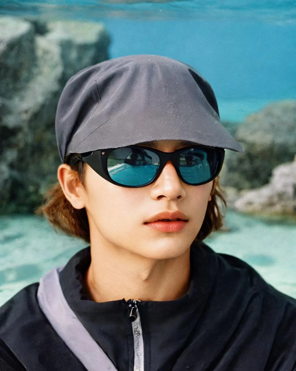 ,black jacket,sunglasses, detailed face, masterpiece,gorpcore,80mm f/11 on kodak ektachrome e100, soft focus, film grain, muted colors,,ocean,underwater,psychedelic, <lora:gorpcoreLORA:1>