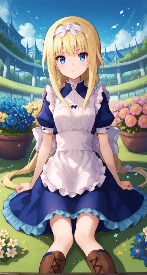 score_9,score_8_up,score_7_up,source_anime BREAK 1girl,alice zuberg,bangs,blue eyes,blonde hair,hair between eyes,very long hair,braid,hairband,white hairband,dress,bow,ribbon,short sleeves,frills,apron,puffy short sleeves,blue dress,brown footwear,knee boots,white bow,white apron,frilled apron,grass,flowers,holding flowers,garden,sitting,looking at viewer,dutch angle,cowboy shot,<lora:fuzichoco_style_pony:1>,fuzichoco_style,colorful,light particles,