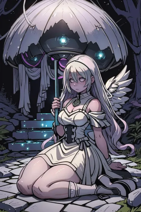 (masterpiece, best_quality, ultra-detailed, immaculate:1.3), epic, illustration, 1girl, (cool Kuromicore:1.3) angel, full body, [:wild costume design,:0.2], official art, albino, creepy bright slate gray lighting , on a  hill in Kyoto, bombshell hair, pastel white hair, pointy hair,Peekaboo Color, heads together<lora:EnvyBeautyMix46:1>