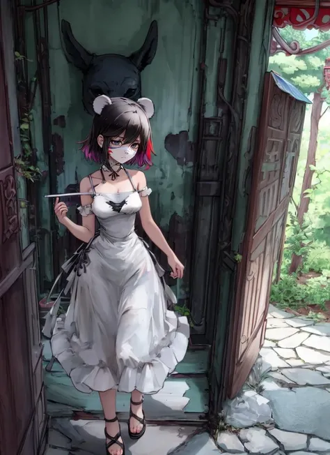 ((best quality)), ((highly detailed)), masterpiece, extremely detailed face, beautiful face, (detailed eyes, deep eyes), (1girl), from the side, full body, ((panda girl)), (panda ears), fluffy, (multicolored hair, black hair, white hair), (black domino mask, face paint), short hair, blue eyes, china_dress, pelvic curtain, (monster girl), bamboo, (indoors, in an entryway), <lora:EnvyBeautyMix46:1>