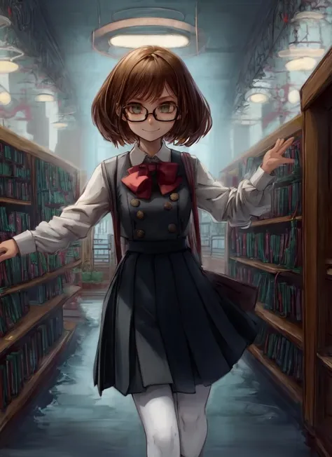 ((best quality)), ((highly detailed)), masterpiece, (detailed eyes, deep eyes), (1girl), (glasses), mirror, reflection, cowboy shot, <lora:hairdetailer:.8>, <lora:ochakoUrarakaMHA_v10:1>, Ochako, blush stickers, short hair, brown hair, sidelocks, brown eyes, smile, school uniform, (green skirt, pleated skirt), white collared shirt, (red necktie), black pantyhose, (indoors, at a library, book shelves), <lora:EnvyBeautyMix46:1>