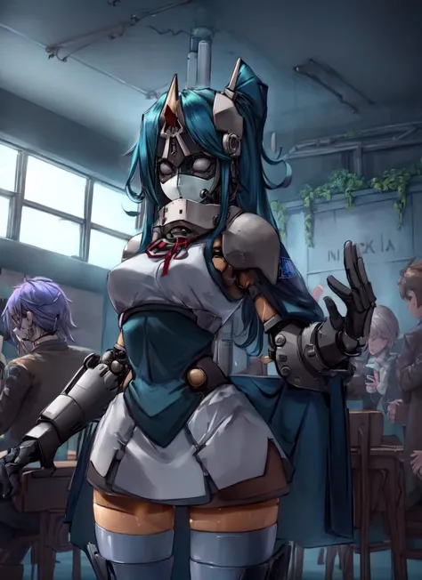((best quality)), ((highly detailed)), masterpiece, detailed face, beautiful face, (detailed eyes, deep eyes), (1girl), close-up, cowboy shot, ((android)), robot limbs, robot body, (gold_(substance)), mechanization, (metallic skin:1.33), lights, LEDs, wires, cables, shiny skin, ball-joints, (abs), (metal hair:1.3), (horned helmet, covered face, mask, face hidden, covered mouth, <lora:solidEyes_v70:1>, black eyes, solid eyes, colored sclerae, spikes, (inside, in a gymnasium), <lora:EnvyBeautyMix46:1>