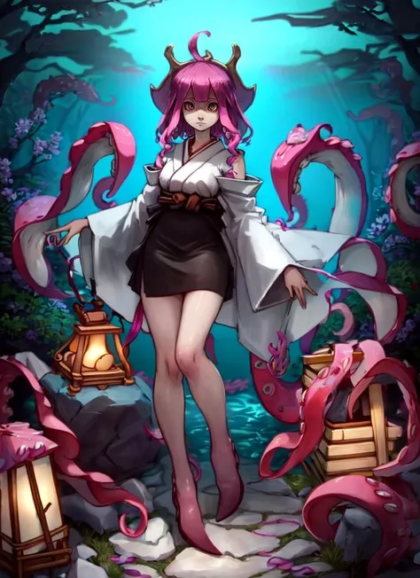 ((best quality)), ((highly detailed)), masterpiece, detailed face, beautiful face, (detailed eyes, deep eyes), (1girl), full body, <lora:aiomonstergirls_loraLocon:1>, (((scylla))), (((octopus girl))), standing, (tentacles:1.33), (suction cups:1.33), (fused:1.33), ((tentacle legs)), medium breasts, (skirt), partially submerged, (in a Japanese temple, torii, stone lanterns), <lora:EnvyBeautyMix46:1>