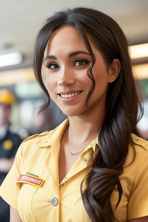 Picture, best quality, (fastfood restaurant interior), photo of fastfood worker Koh_MeghanM, wearing mcdonalds uniform, smiling, shy, burger kitchen, looking at viewer, perfect face, perfect eyes, sharp focus, 4k, HDR