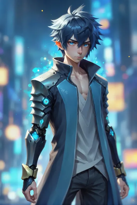 bokeh, anime style digital painting, (full body:1.2), 1boy, man, solo, [:fantastical costume design,:0.2] gunslinger, (dark skin:1.3), dark lightblue hair, (slim:1) build, Incandescent,great fantasy megacity at the beginning of the multiverse<lora:EnvyFocalBlurXL01:1><lora:EnvyBetterHiresFixXL01:0:hr=1>