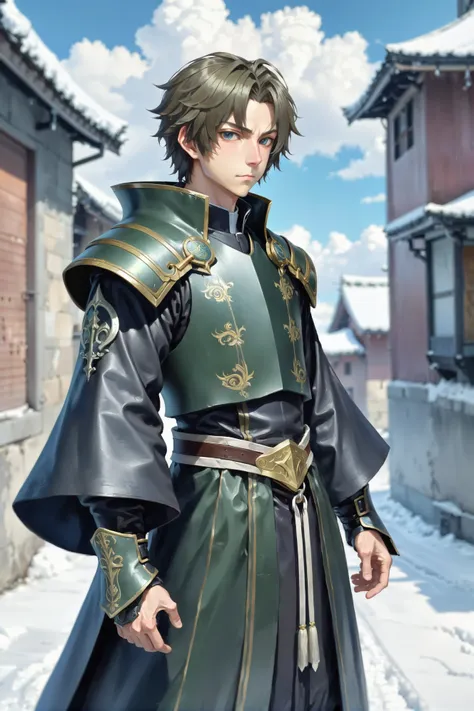 (full body:1.2), 1boy, man, bishounen, solo, [:formal costume design,:0.2] priest, (ancient leather chestplate:1), caucasian, olivedrab hair, (solid:1.2) build, morning, blue sky, clouds, scenery, Winter armory by a alley at the end of time<lora:EnvyFocalBlurXL01:1><lora:EnvyBetterHiresFixXL01:0:hr=1>