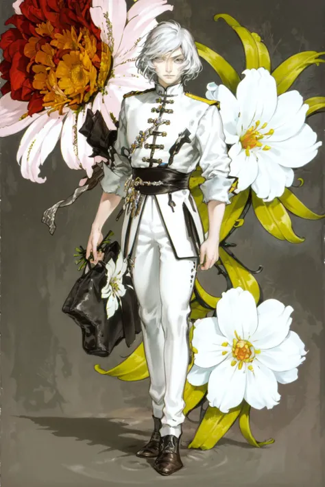 full body, solo, 1boy, relieved, silver hair, short hair, dark brown eyes, bright, Casa_Blanca \(flower\), floral background <lora:kojima_ayami_style_v01.10:1>