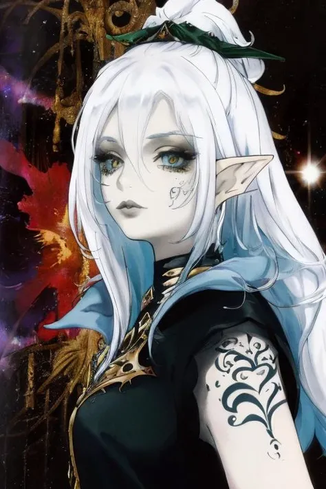 (gothic elf girl: 1.3), tattoos, detailed background, nebula, intricate details, (upper body), masterpiece, (perfect face: 1.2) <lora:kojima_ayami_style_v01:1>
