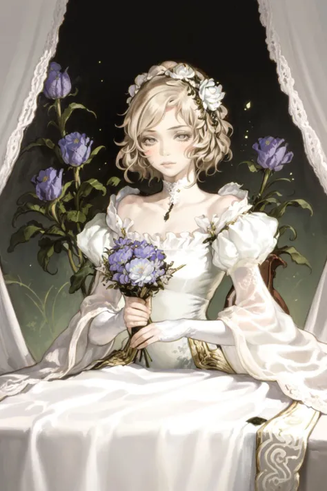 portrait, solo, 1girl, contempt, beige hair, curtained hair, black eyes, glittering light, Rose \(flower\), floral background <lora:kojima_ayami_style_v01.10:1>