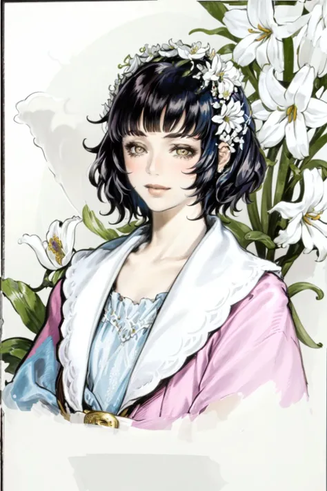 portrait, solo, 1girl, amused, dark blue hair, bangs, white eyes, foggy atmosphere, Diosma \(flower\), floral background <lora:kojima_ayami_style_v01.10:1>