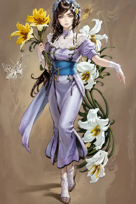 full body, solo, 1girl, ecstatic, black hair, low-braided long hair, brown eyes, no light, Freesia_x_hybrida \(flower\), floral background <lora:kojima_ayami_style_v01.10:1>