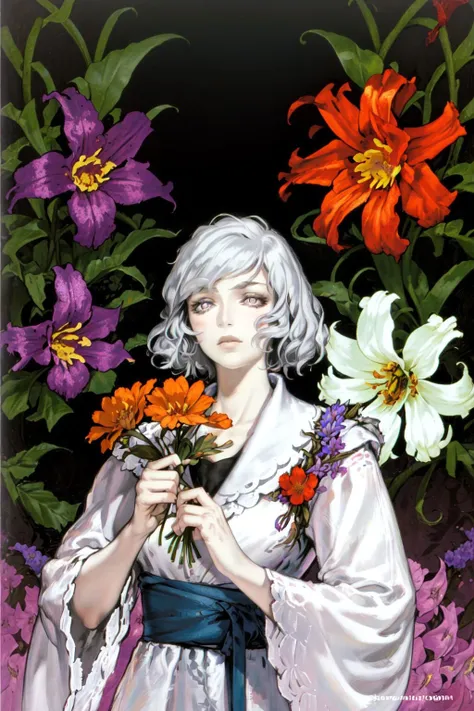 upper body, solo, 1girl, fear, silver hair, widow's peak, light purple eyes, bright, Snapdragon \(flower\), floral background <lora:kojima_ayami_style_v01.10:1>