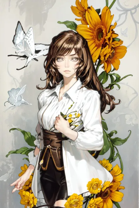cowboy shot, solo, 1girl, :3, light brown hair, low-tied long hair, light grey eyes, day, Craspedia \(flower\), floral background <lora:kojima_ayami_style_v01.10:1>