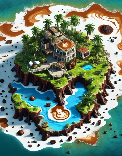 ((best quality)), ((masterpiece)), ((realistic,digital art)), (hyper detailed),DonMC0ff33Ch0c, Island, organic, irregular shapes , <lora:DonMC0ff33Ch0c_XL-000006:1.0>