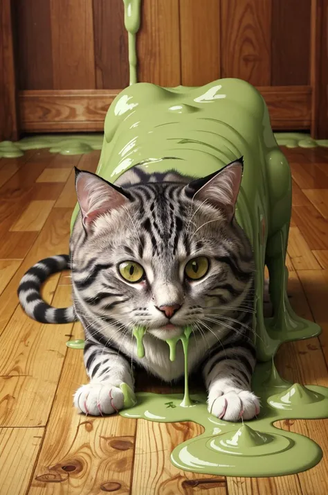 picture of animal cat in dirty wooden room  <lora:SlimeV5:0.6> covered in slime, masterpiece, best quality, high quality, highres, ultra-detailed