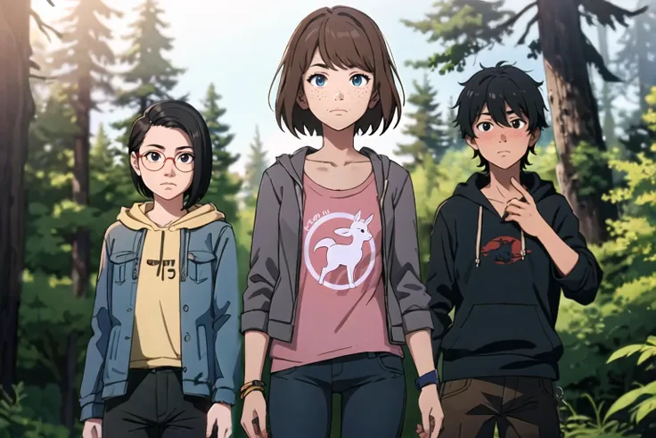 (best quality:1.1), (masterpiece:1.1), 2girls, 1boy, Oregon forest, hiking, hiking through Oregon forest, color correction