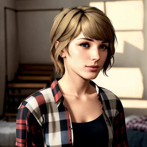 <lora:maxCaulfieldLifeIs_10:1> (portrait of maxcaulfield:1.5) ,solo, shirt, brown hair, short hair, realistic, upper body, plaid shirt, striped shirt, lips, plaid, blue eyes, nose, red shirt, bangs, open clothes, lay on bed, looking at viewer1