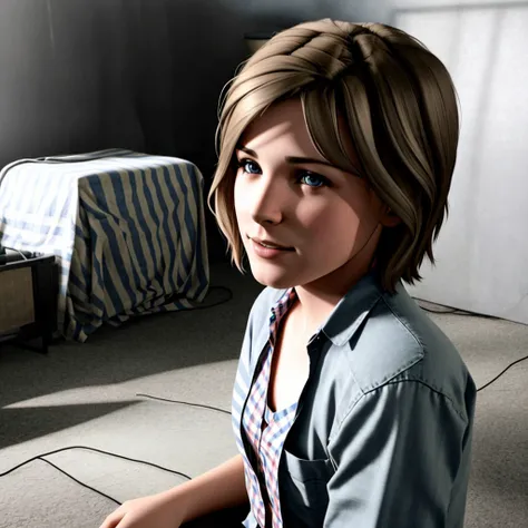 <lora:maxCaulfieldLifeIs_10:1> photo of maxcaulfield, short brown hair, smile face, real blue eyes, striped red plaid shirt, open clothes, Volumetric Lights, parallax effect, sharp focus, film grain,